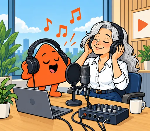 A woman and Play, in big headphones, record a voice introduction.