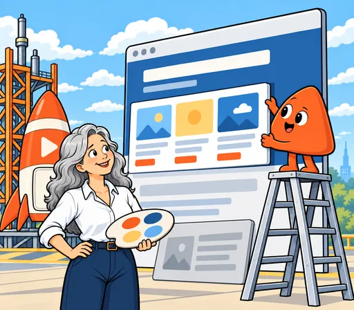 Play swaps a section on a big website board while a woman holding a painter’s palette nods.