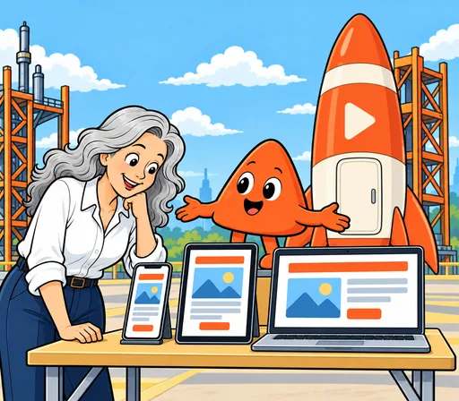 Play holds up a phone, a tablet and a laptop showing the same website while a woman checks the phone.