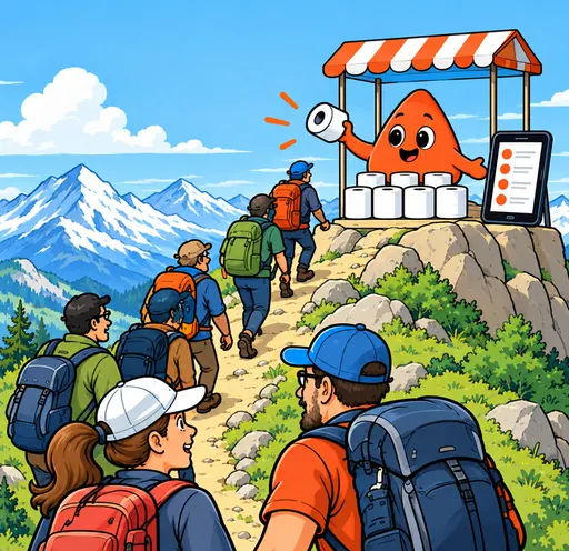 Hikers queue up a mountain path to buy toilet paper at Play's stall on the summit, while orders fill his tablet.