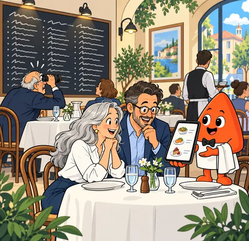 A diner squints at a crowded chalkboard through binoculars, while Play, as a waiter, shows a couple a clear menu on a tablet.