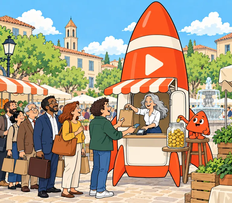 A rocket has become a shop: customers queue to pay, and Play drops coins into a full jar.
