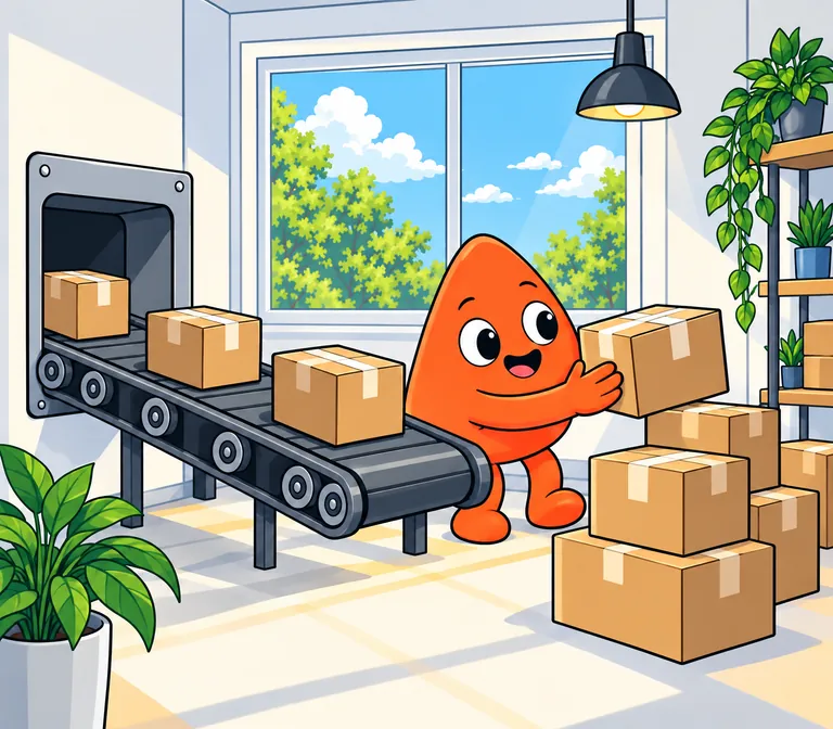 A little conveyor belt delivers plain parcels through a hatch, and Play stacks them neatly.