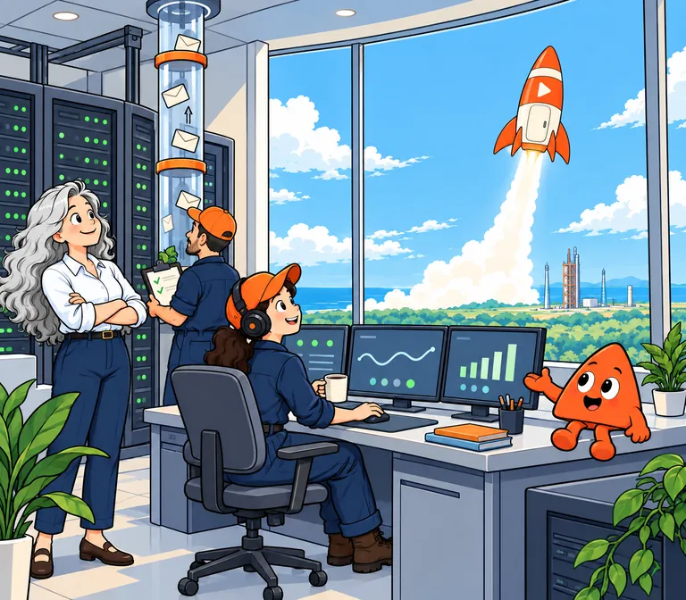 In a calm control room, Playcode engineers watch the screens and check the servers while a rocket flies past the window.