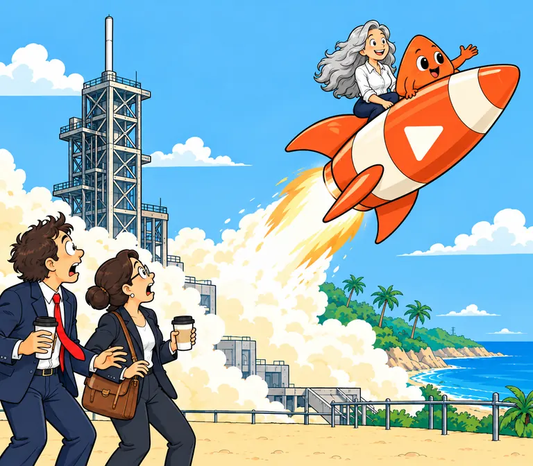 Two people in suits, back from coffee, stare as a woman and Play lift off in her rocket.