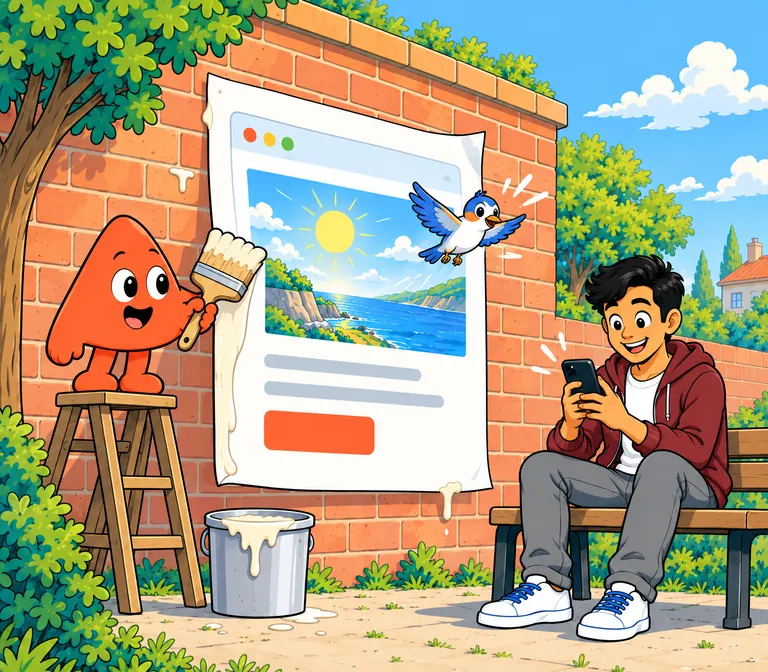 Play pastes a huge sheet onto a brick wall and it turns into a web page as it goes up, a bird flying out of its picture, while the student laughs over his phone on a bench.