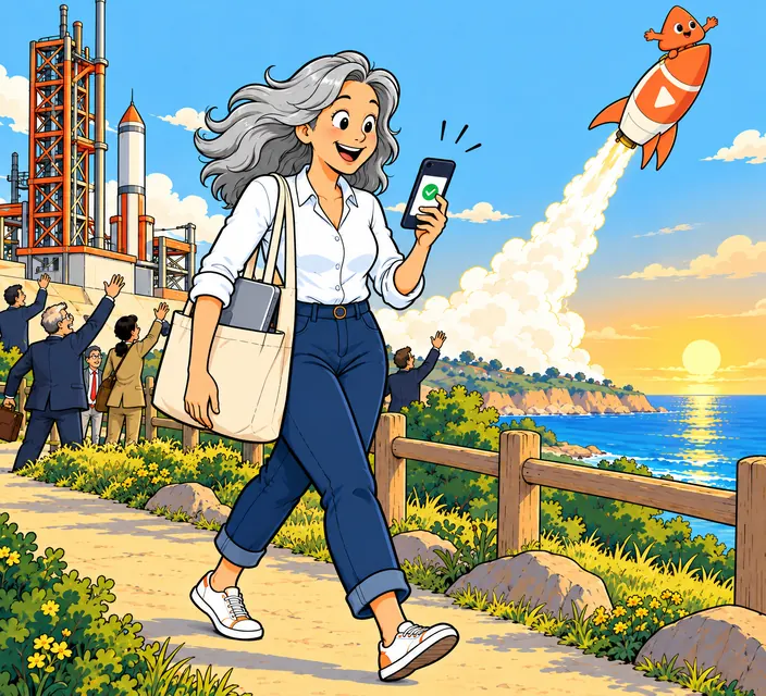 A woman walks home along the coast, smiling at her phone, while her rocket climbs into the sky.