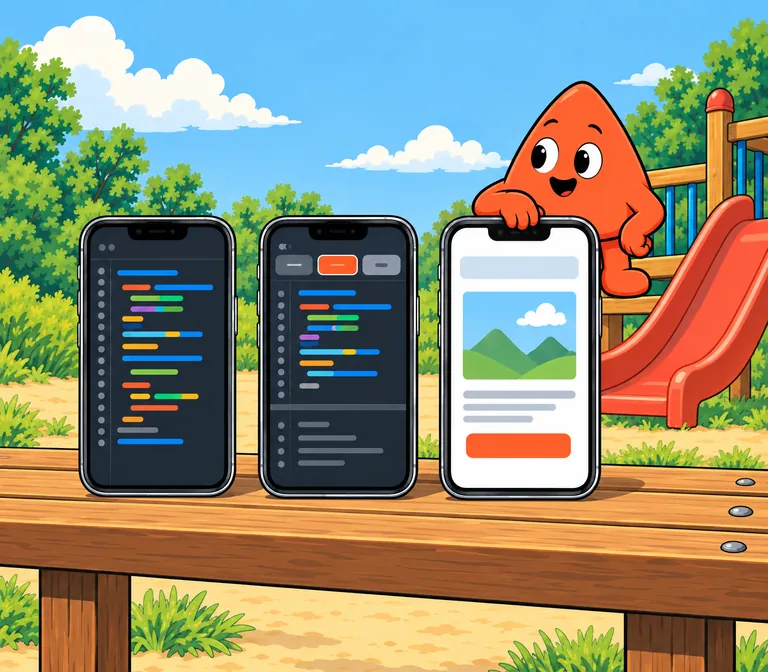 Three phones stand on a playground bench: code, the same code with a row of tabs, and the finished page, and Play leans on the last one.