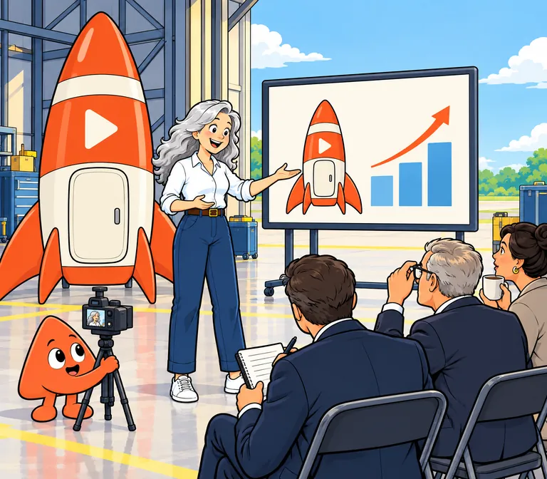 A woman presents a slide beside her rocket to three interested investors while Play films it.