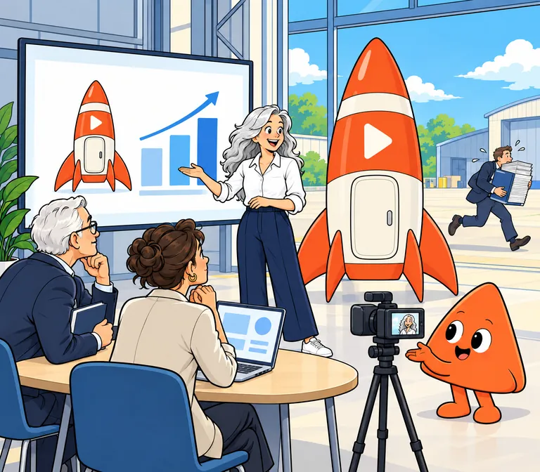 創業者が小さなロケットの横でシンプルなスライドを見せ、Playがそのピッチを撮影しています。