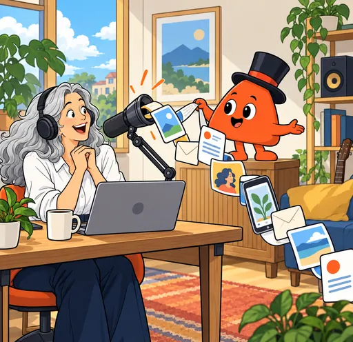 A podcaster laughs into her microphone while Play, in a magician's hat, pulls a long chain of posts, letters and pictures out of it.