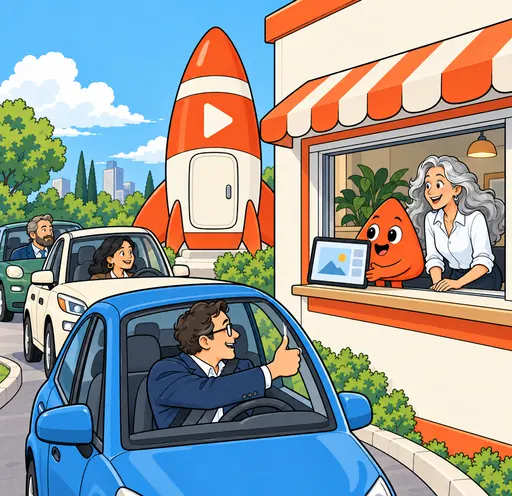 Clients drive up to a studio's drive-through window, where Play shows each one their project and the owner smiles.
