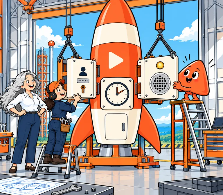 Play and an engineer fit new modules to a rocket: a sign-in door, a clock and a speaker.