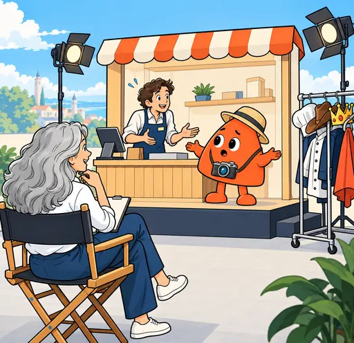 On a rehearsal stage, Play plays a puzzled tourist while a shop assistant tries an answer and a trainer watches.