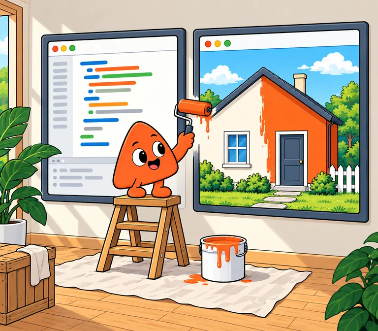 Play stands on a stepladder by a framed window of code with a flame-orange paint roller, and in the window beside it a little house turns flame orange at the same moment.