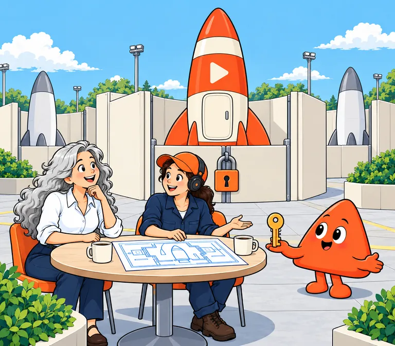 A rocket stands in its own locked bay while a woman and a Playcode engineer go over a plan.