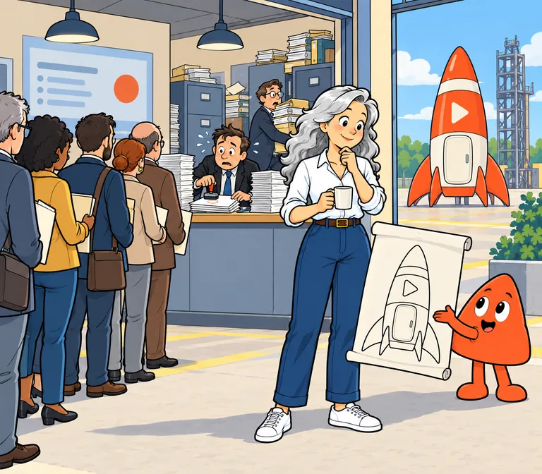 Customers queue while a man in a suit stamps forms by hand. Outside, a woman watches as Play holds up a blueprint of a rocket.