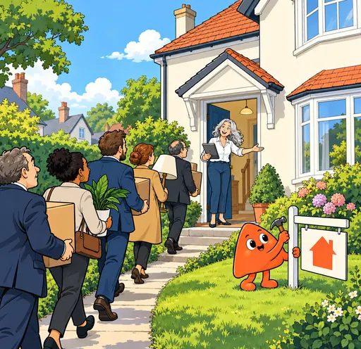 Buyers with moving boxes queue up to a house while Play is still putting up the sale sign, and the agent welcomes them.