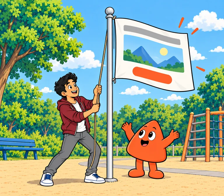 The student hoists his web page up the playground flagpole like a flag, and Play cheers below it.