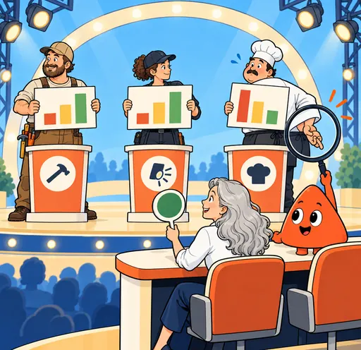 Three suppliers hold up charts at game-show podiums, and Play's magnifying glass catches one crossing his fingers.