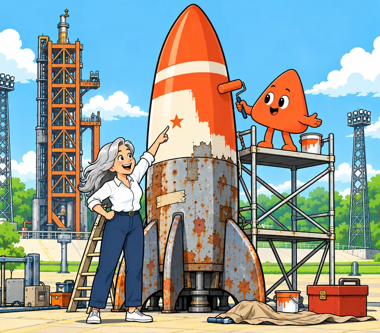 Play repaints an old, patched rocket in flame orange and cream.