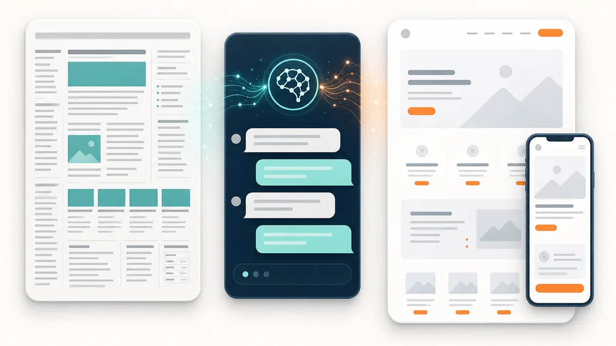 Three-part AI website redesign workflow: old website, AI chat analysis, and modern responsive website