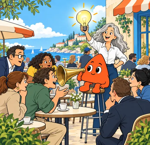 At a busy café, a customer talks into Play's ear trumpet, and a woman holds up the bright idea they all share.