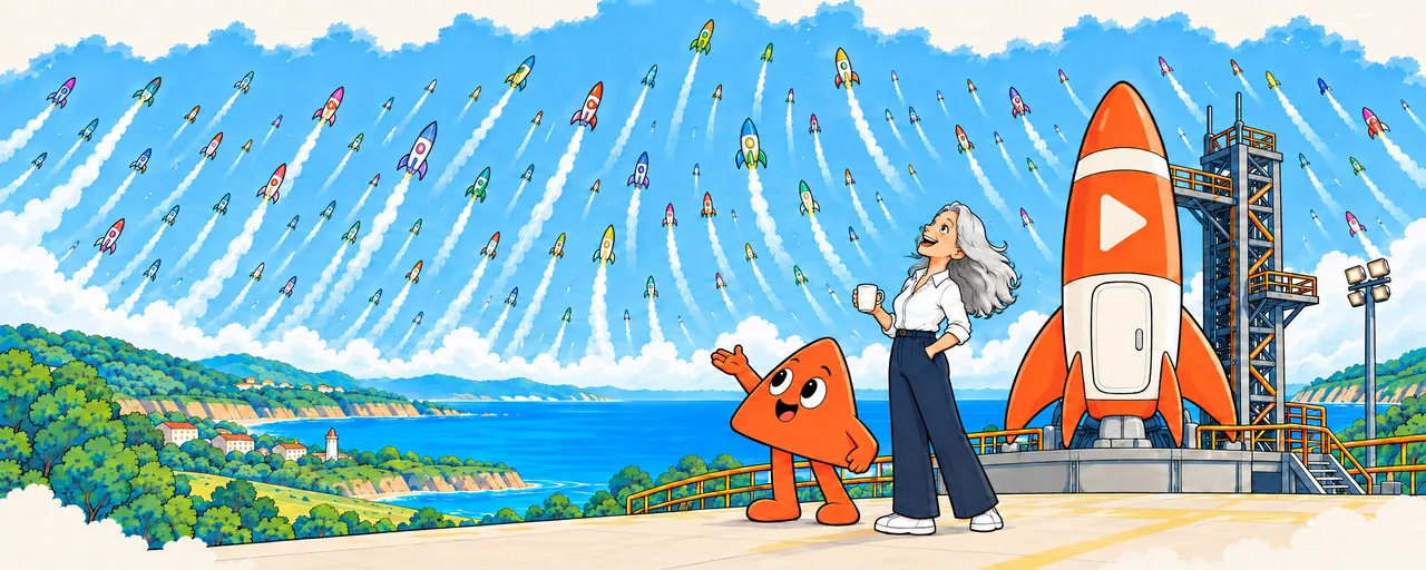 The sky is full of small rockets already flying. On the ground, a woman with a coffee looks up beside her own rocket, ready on its pad, while Play presents the sky with an open hand.