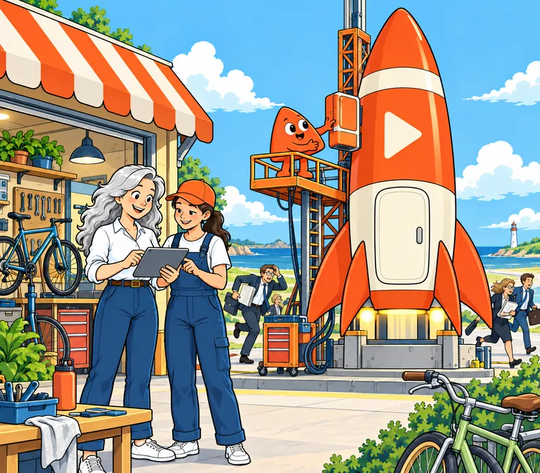 Play fits a new module to a rocket by a workshop while a Playcode engineer helps the owner on her tablet.