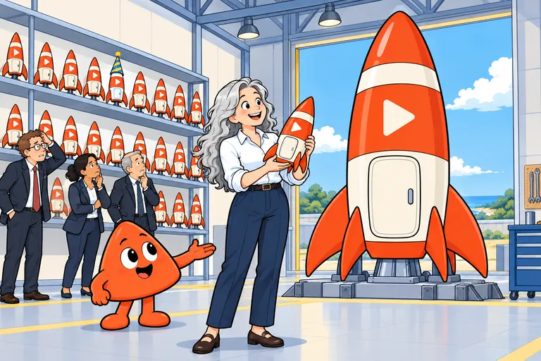 In a hangar, a long shelf holds small models of her rocket, one for every saved version, one of them in a party hat. She picks one, and Play shows that the real rocket now matches it, while three people in suits scratch their heads.
