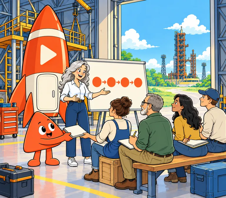 A woman teaches four learners beside her unfinished rocket, a board of four steps behind her.