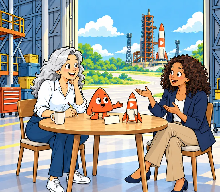 A woman and her customer, a recruiter, talk over one task card and a small model rocket.