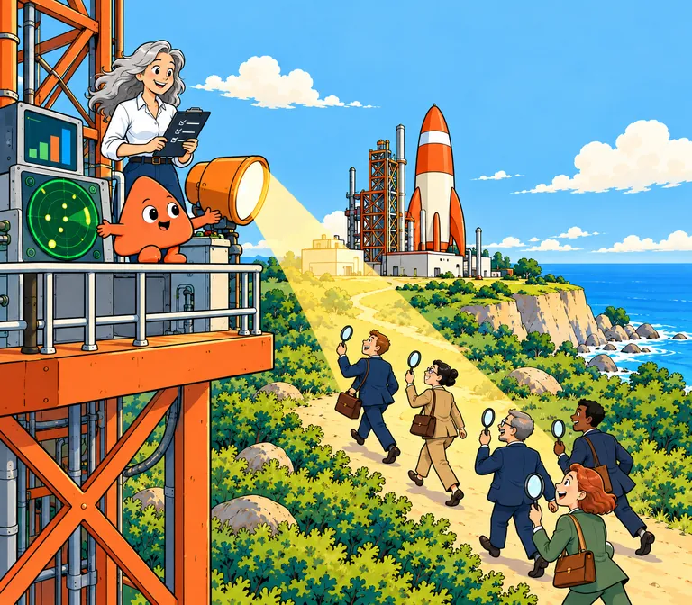 Play shines a searchlight that guides people with magnifying glasses to the launch site.