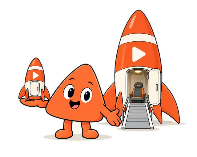 Play holds a small model rocket on his palm, and behind him the real rocket waits with its door open.