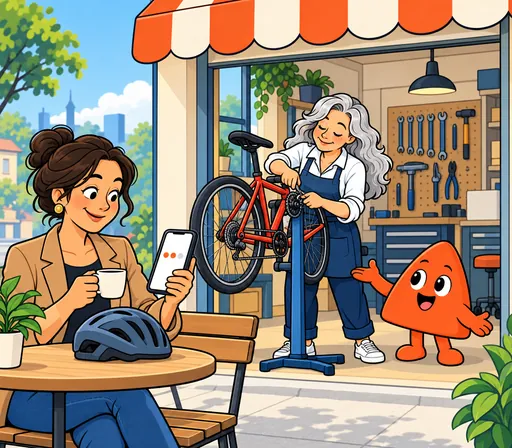 A customer at a café sees on her phone that her bike repair is almost done.