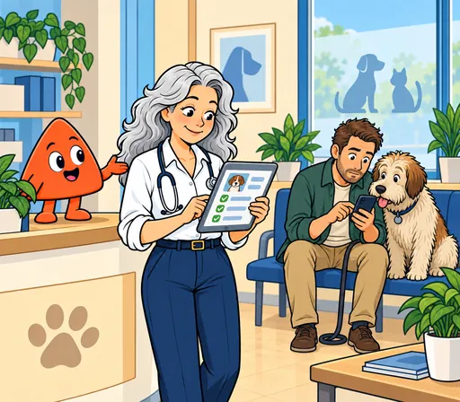 A vet reads a short form on her tablet while a man fills it in on his phone and his dog peers at it.