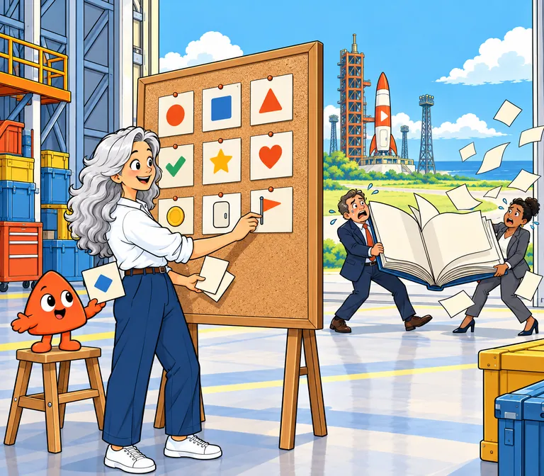 The builder pins the last of nine simple picture cards to a cork board as Play offers her another; behind them, two suits wrestle a gigantic book whose pages blow away.
