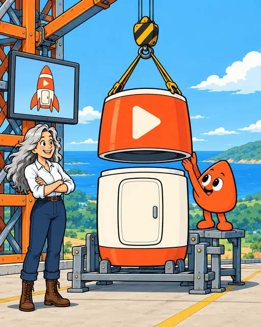 Play guides the next section of the rocket into place while a woman checks the plan on a screen.