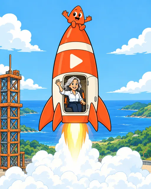 The finished rocket lifts off with a woman and Play aboard.