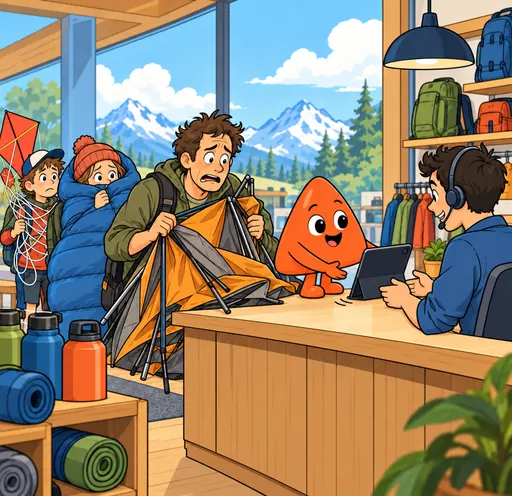 Customers tangled in a tent, a sleeping bag and kite string queue at a gear shop's help desk, where Play slides the agent a ready reply.
