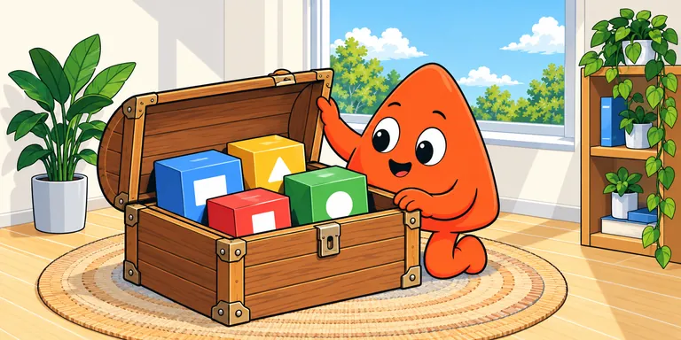 Play opens a wooden toy chest full of starter kits: plain coloured boxes, each with one simple shape.