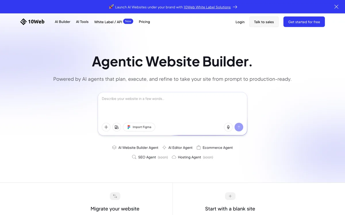 Historical 10Web homepage captured in May 2026