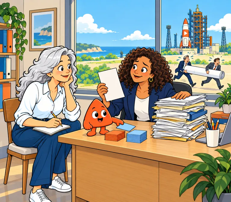 The builder takes notes while a recruiter holds up one page from a tall stack she retyped by hand; Play sorts blank cards into two piles.