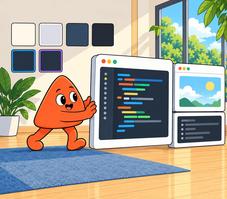 Play pushes a big code panel across the room like furniture, past the preview and console panels, with paint swatches on the wall behind him.