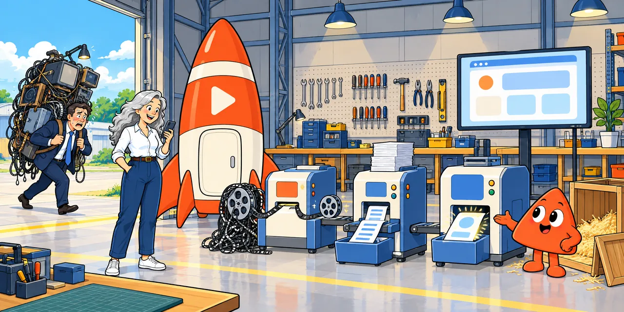 In a roomy hangar, machines tidy a tangled film reel and a stack of papers while Play unpacks a new one.