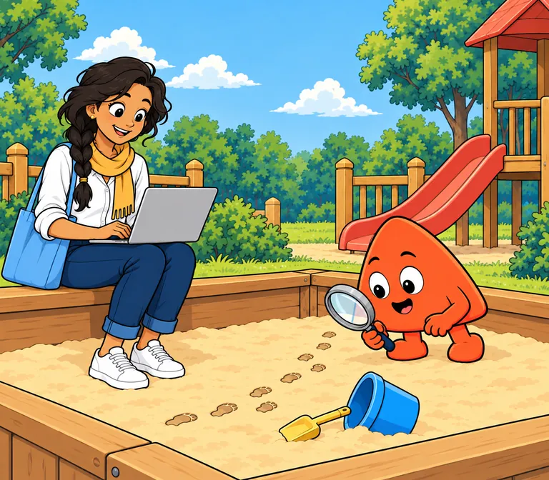 Play follows a trail of footprints across the sand with a magnifying glass, back to a toy bucket that fell over, while the student smiles over her laptop.