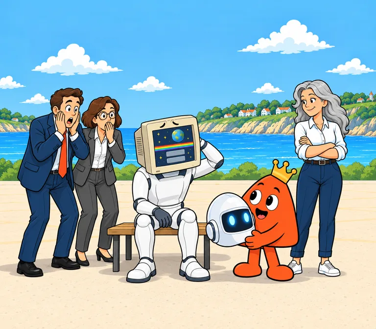 Play, wearing his crown, pulls the shiny helmet off an AI robot sitting on a bench, and its real head turns out to be an old 1990s computer monitor, while two people in suits gasp and the builder watches, arms folded.