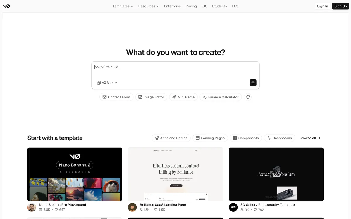 v0 by Vercel homepage, May 2026