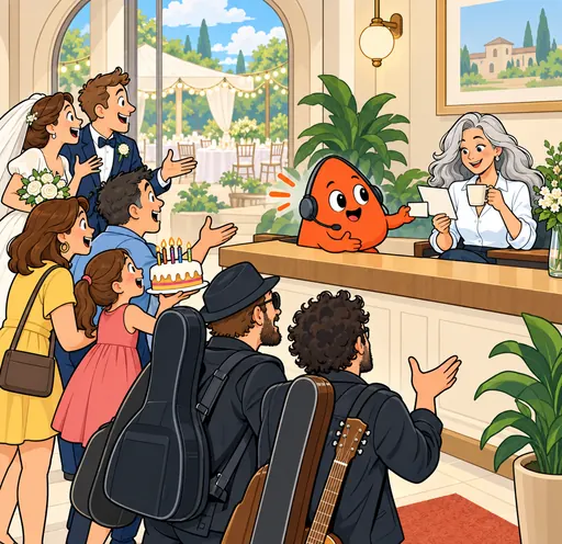 Play, in a headset, listens to a wedding couple, a family with a cake and a band, while the venue manager reads the card he hands her.