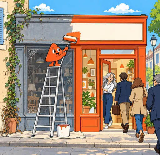 Play repaints a faded shop front in fresh orange, and customers walk in past the smiling owner.